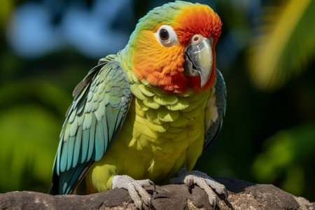 Colorful tropical bird on palm tree with copy space and vibrant natural backgroundの素材