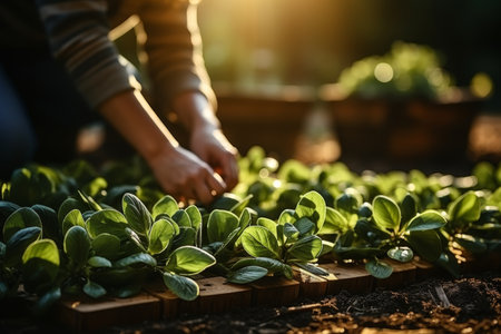 Professional vegetable grower cultivating vegetables and herbs in a spacious industrial greenhouseの素材