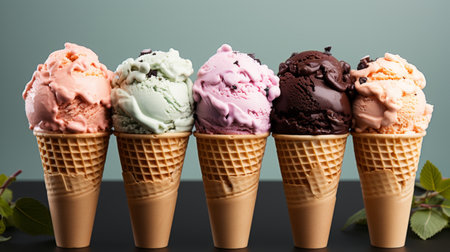Ice cream scoops in various flavors with berries, nuts, and fruits on pink backgroundの素材