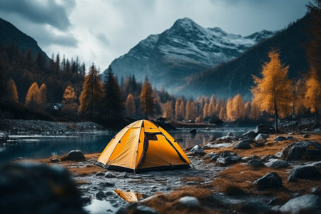 POV view, resting traveler in the camping tent, view to the mountain canyon, scenic autumn nature backgroundの素材