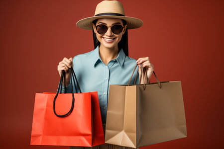colorful shopping bags on blue background.Cheerful happy woman enjoying shopping.Beautiful young woman and shopping bags on blue backgroundの素材