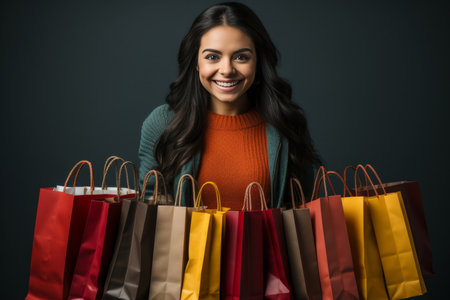 colorful shopping bags on blue background.Cheerful happy woman enjoying shopping.Beautiful young woman and shopping bags on blue backgroundの素材