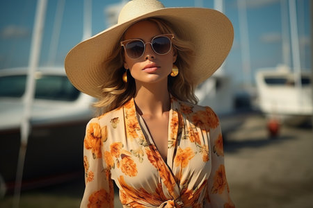 A woman in a hat and sunglasses stands on the shore, while a plane flies in the sky and a yacht sails in the seaInclude various elements related to tourism.の素材