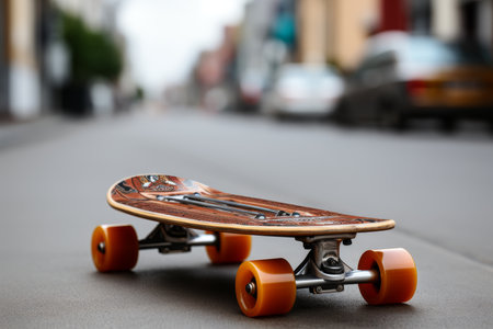 A high quality image featuring a skateboard concept with a background that has selective focus and ample copy spaceの素材