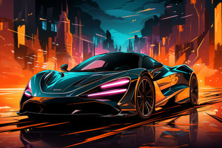 capture a striking image of a race car driver exuding confidence, standing with arms crossed on the racetrack alongside a sleek sports car, with the vibrant hues of sunset painting the backgroundの素材