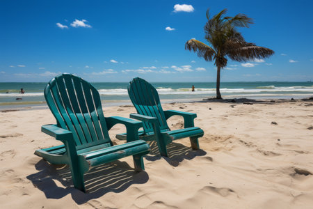 A tranquil beachfront with loungers and palm trees sets the stageの素材