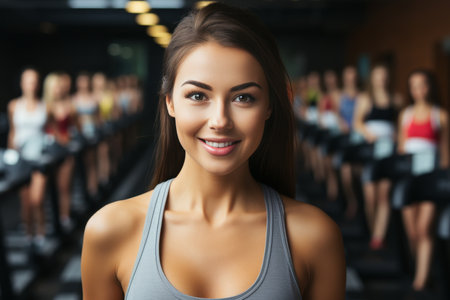 Woman on stationary exercise bike, focused on maintaining a healthy lifestyle and improving her physical fitness by engaging in cardiovascular workouts at home or in the gymの素材