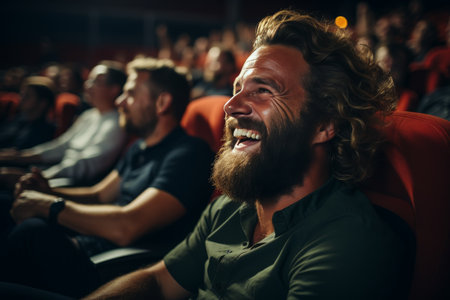group of diverse friends laughing while watching a movie in the cinemaの素材