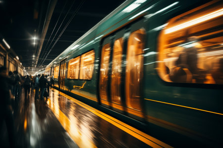 Blurred image of people waiting for subway at nightの素材