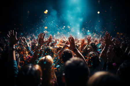 Excited audience with hands raised, enjoying a live concert at a vibrant music festival.の素材