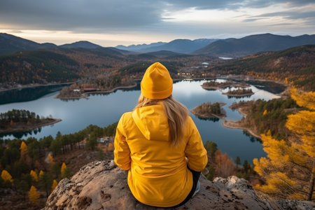 Girl sitting on the top of mounting and enjoying yellow sunrise above seaの素材