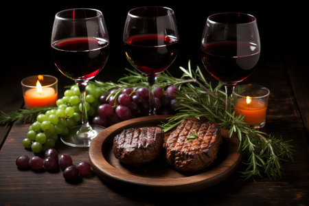 Top view of delicious grilled steaks with spices and red wine on wooden table, dark backgroundの素材