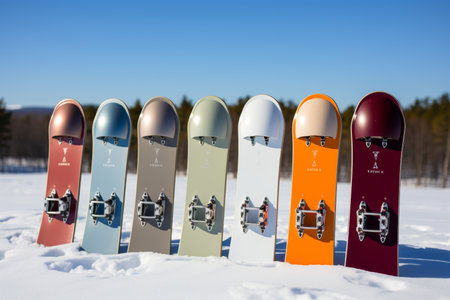 An image featuring a row of snowboards standing in the snow.の素材