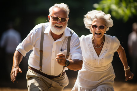 An elderly couple enjoys a game of tennis on a sunny afternoon, showing their agility and joy for staying active.の素材