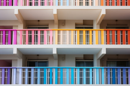 background of the facade of a multi-storey building with bright multi-colored balconiesの素材