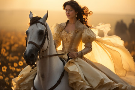 a girl in a luxurious dress rides a horse across a field, against the backdrop of sunset, distant side viewの素材