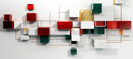 a futuristic 3d background with geometric shapes in shades of red, gold, white, and green colorsの素材