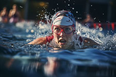 A male swimmer athlete gracefully glides through the crystal clear water of a swimming pool.The background is blurred, drawing attention to the swimmer, and leaving ample space for additional contentの素材