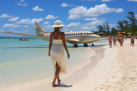 A woman in a hat and sunglasses stands on the shore, while a plane flies in the sky and a yacht sails in the seaInclude various elements related to tourism.の素材