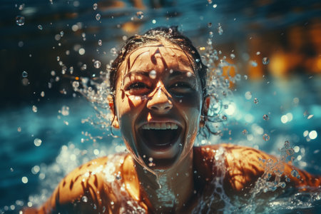 A male swimmer athlete gracefully glides through the crystal clear water of a swimming pool.The background is blurred, drawing attention to the swimmer, and leaving ample space for additional contentの素材