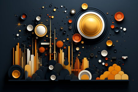 a futuristic 3d background with geometric shapes in shades with bubbles of blue, gold, white,orange, and pinkの素材