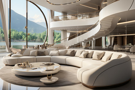 a luxurious contemporary living space for a yacht or sea view terrace apartment.Capture the essence of high end interior design and the allure of a luxury cruise experienceの素材