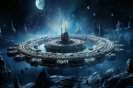 a spaceship flies in the galaxy, against the backdrop of the planet earthの素材
