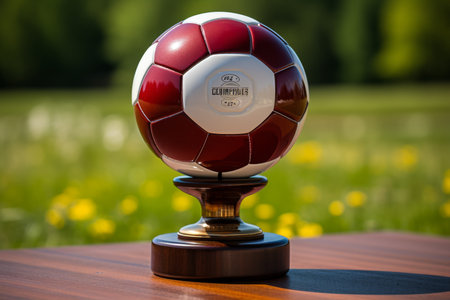 Capture a dynamic shot of a soccer ball in motion on a vibrant football field, with the stands in the background.の素材