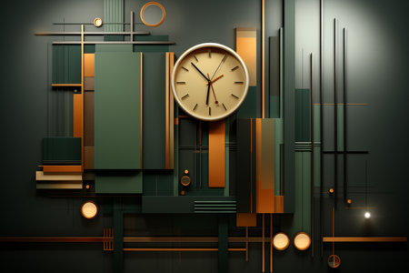 geometric high-tech 3D background with various shapes and neon, gold, green and peach colorsの素材