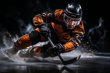 A professional ice hockey player wearing protective gear, holding a hockey stick, and standing in the middle of a crowded stadiumの素材