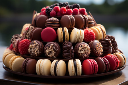 dessert table of chocolate, cakes and other sweets. Large assortment of desserts with berriesの素材