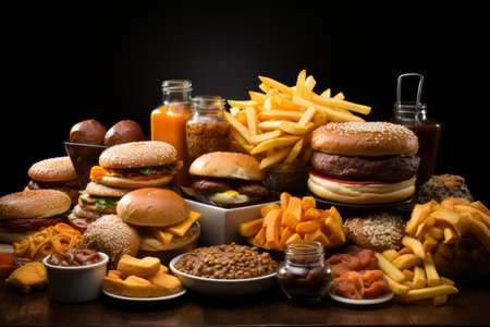 a table adorned with an assortment of ultra processed junk food, showing their high caloric content and nutritional emptinessの素材