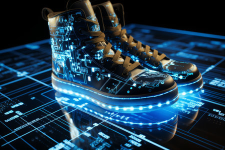 Design a futuristic holographic display of sports sneakers with neon lighting against a navy blue backdrop Incorporate a dynamic flux of particle energy to enhance the scientific and engineering aspects of the sports shoesの素材