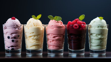 Colorful ice cream scoops with fruits, nuts, and berries on pink background dessert assortmentの素材