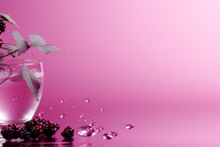 design a vibrant cocktail illustration with a mix of berries and fruits against a soft pink backdrop Include a corner for text Ideal for business cards, banners, and more.の素材