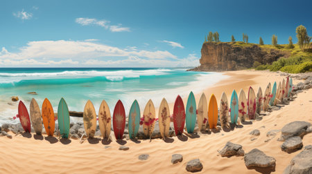 Capture a stunning panoramic view of surfboards lined up on the sun kissed beach, creating a captivating banner image.の素材