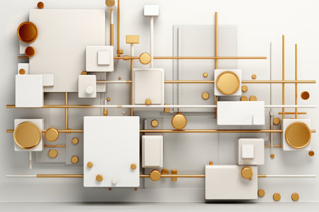 Geometric 3d background with intricate patterns in red, gold, and white hues for futuristic design.の素材