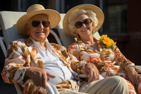 Senior citizens relaxing on sun loungers by the pool, enjoying carefree retirement in luxuryの素材