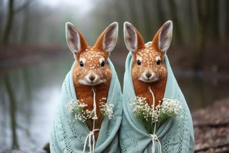 wild animals dressed in knitted clothes, the concept of integrating animals into human societyの素材