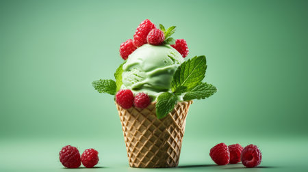 creative green background using ice cream with berries with space for inscriptionの素材