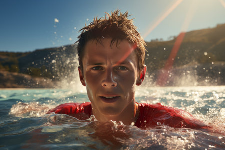 A male swimmer athlete gracefully glides through the crystal clear water of a swimming pool.The background is blurred, drawing attention to the swimmer, and leaving ample space for additional contentの素材