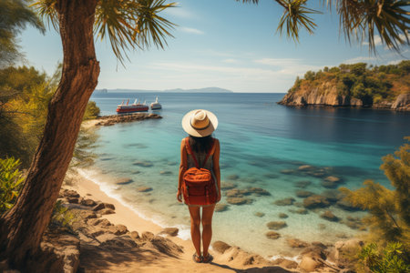 a female tourist embarking on a journey, standing confidently in front of a majestic cruise linerの素材