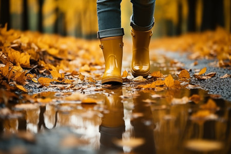 Child in yellow rubber boots walking and jumping over a puddle Have fun outdoors Children activityの素材