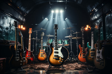 a dynamic scene of a rock band recording a high energy track in a professional music studioの素材