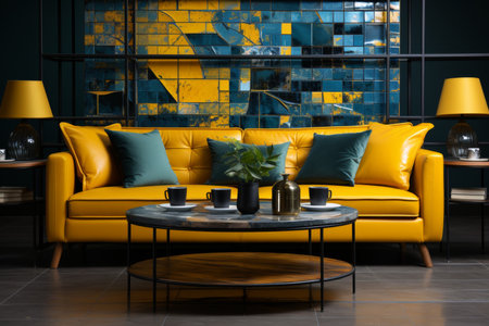 A colorful mosaic tile wall serves as the focal point of this contemporary living room showcasing the perfect blend of modern and vibrant design elementsの素材