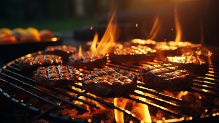 Summer bbq gathering at sunset with grilled vegetables and juicy meat outdoor dinner party sceneの素材