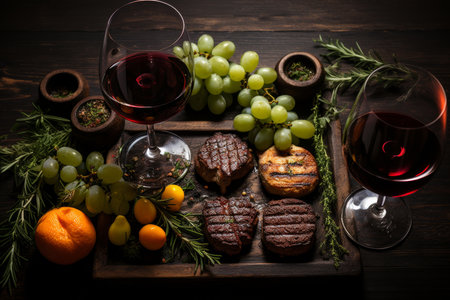 Succulent grilled steaks with spices and red wine on a dark wooden table, top viewの素材