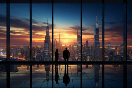 Corporate team of professionals standing united in cityscape with office buildings in backgroundの素材