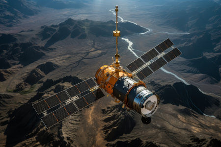 Sunlit satellite with solar panels orbiting planet earth in deep space orbit viewの素材
