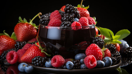 A delightful assortment of homemade berry jams beautifully presented in a picturesque garden settingの素材